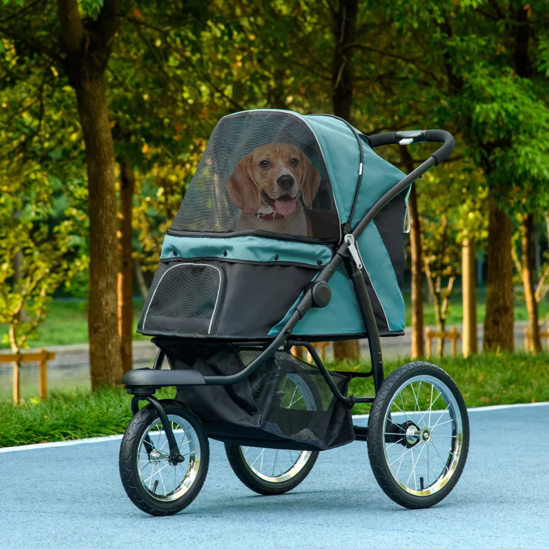 PawHut Hundewagen, klappbar, Sonnenschutz, Netzfenster, Ablagekorb, Dunkelgrün, 111 x 58 x 107 cm(m-10)