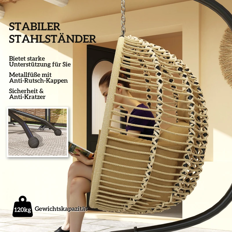 Outsunny Hangstoel met frame, inklapbare eivormige schommel met wasbare zitting, bekerhouder, veiligheidskoord, beige