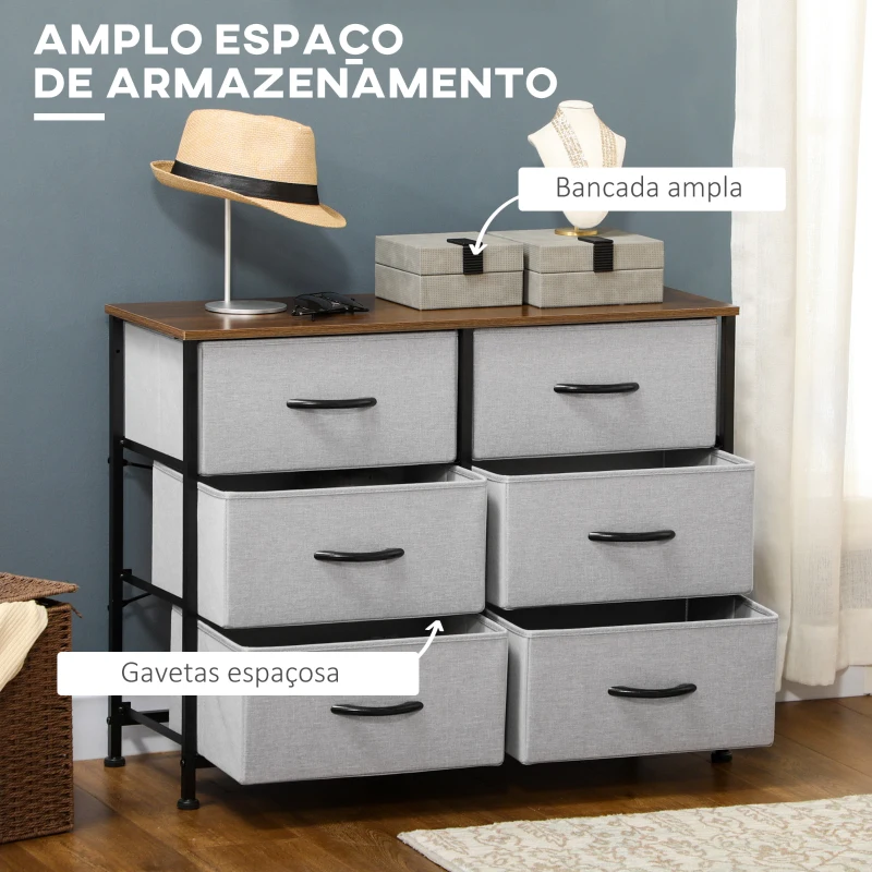 HOMCOM Cómoda Estilo Industrial Cómoda com 6 Gavetas de Tecido Dobrável com Pés com Almofadas Ajustáveis 80x30x62,5 cm Cinza e Marrom