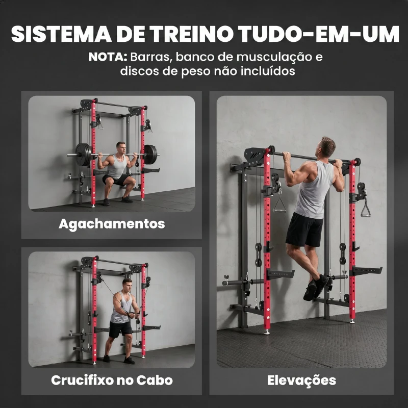SPORTNOW Jaula de Potência Dobrável Rack para Agachamentos com Barra de Elevações e Sistema de Polias, Suporta 700 kg - Vermelho