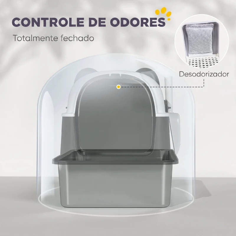 PawHut Caixa de Areia para Gatos Grandes XL em Aço Inoxidável com Tampa Rebatível, Pá e Desodorizante, Panda, Preto