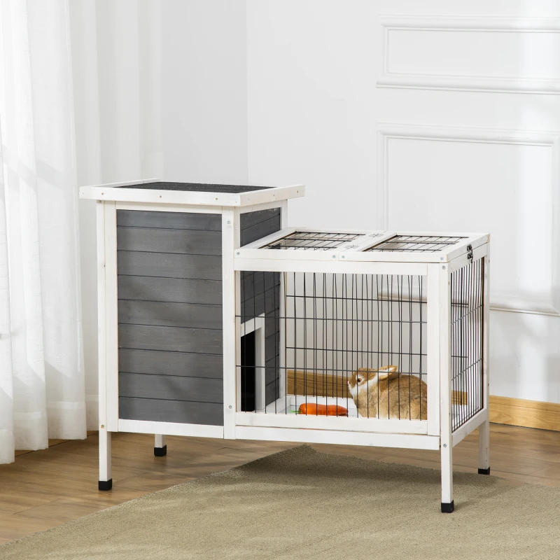 PawHut Clapier sur pieds cage à lapin avec niche intérieure plateau excrément coulissant porte supérieure 92L x 51l x 76H cm gris blanc