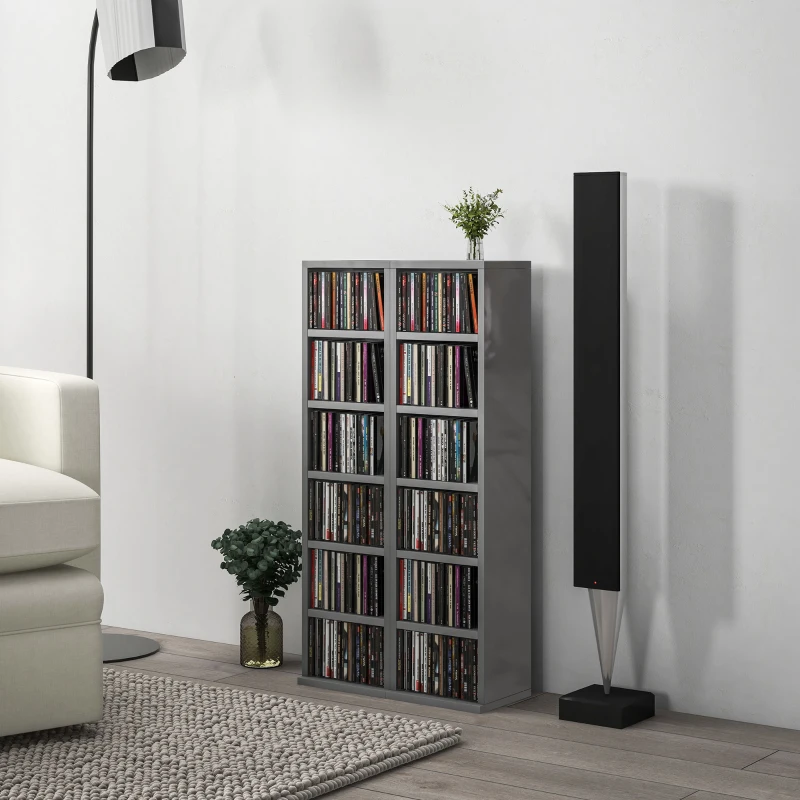 HOMCOM Set of 2 CD Media Display Shelf Unit Tower Rack with Adjustable Shelves, High Gloss Grey