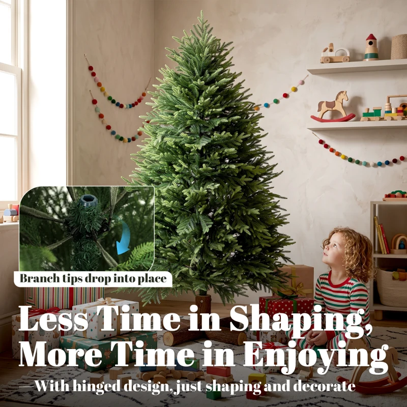 HOMCOM 5ft Artificial Christmas Tree, Hinged Xmas Tree with Realistic 513 PE & PVC Branch Tips, Fir Wood Base, Green