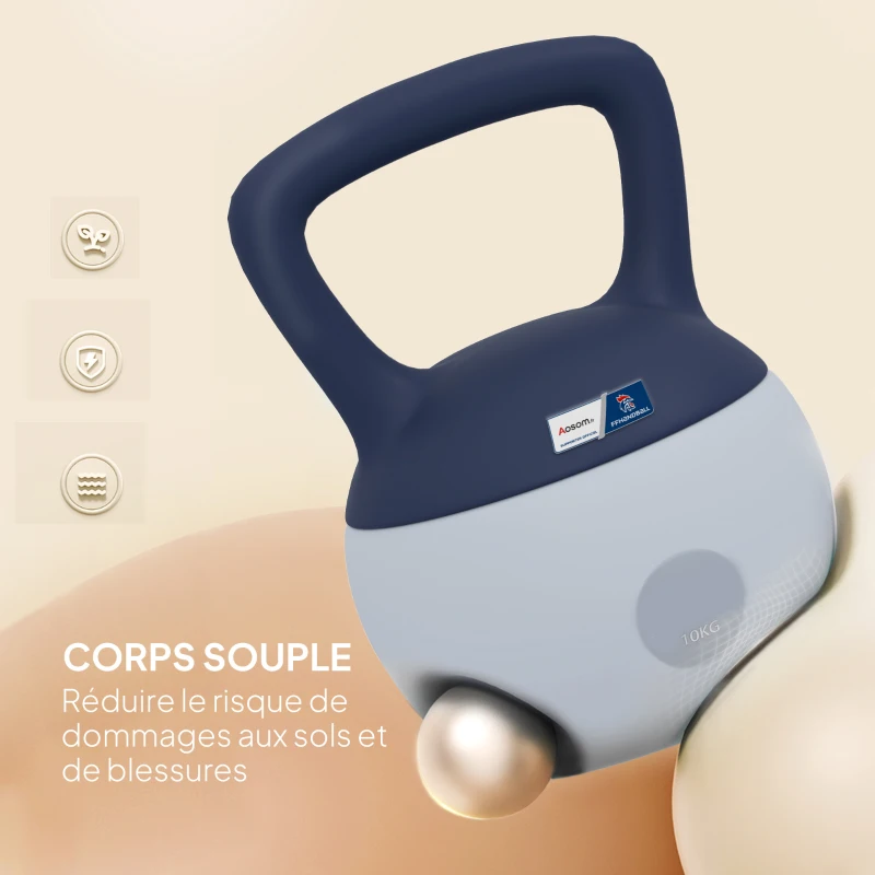 Kettlebell 10kg - Collaboration Aosom.fr x FFHandball - haltère avec poignée antidérapante, gris et bleu