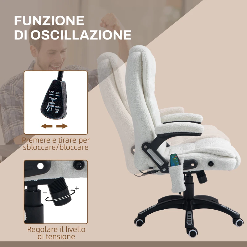 Vinsetto Sedia da Ufficio Massaggiante e Regolabile con Telecomando, in Tessuto Teddy, 67x74x107-116 cm, Bianco