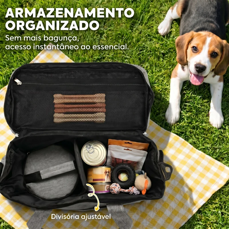 PawHut Bolsa de Viagem para Cães Bolsa de Recompensas com 2 Recipientes de Ração e Tigela Dobrável Bolsos Cinzento Claro
