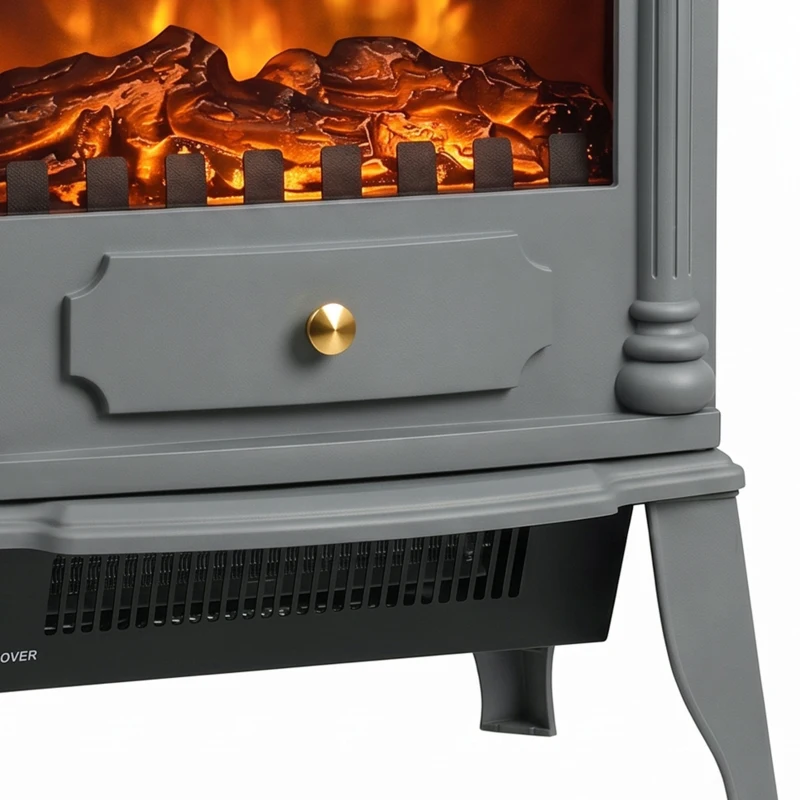 HOMCOM Freestanding Portable Fireplace, Electric Fireplace Stove Heater with 3D Flame Effect and Adjustable Thermostat, Grey
