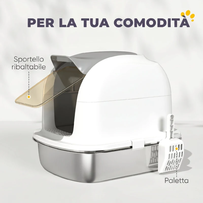 PawHut Lettiera Gatto Chiusa XL in Acciaio Inox con Coperchio Sollevabile, Paletta, Pacchetto Deodorante, Bianco