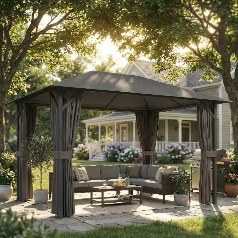 Outsunny Pavillon ca. 4x3m Wasserabweisend Stabil Winterfest Gartenpavillon mit Moskitonetz 4 Seitenteile Lüftung Drainagelöchern