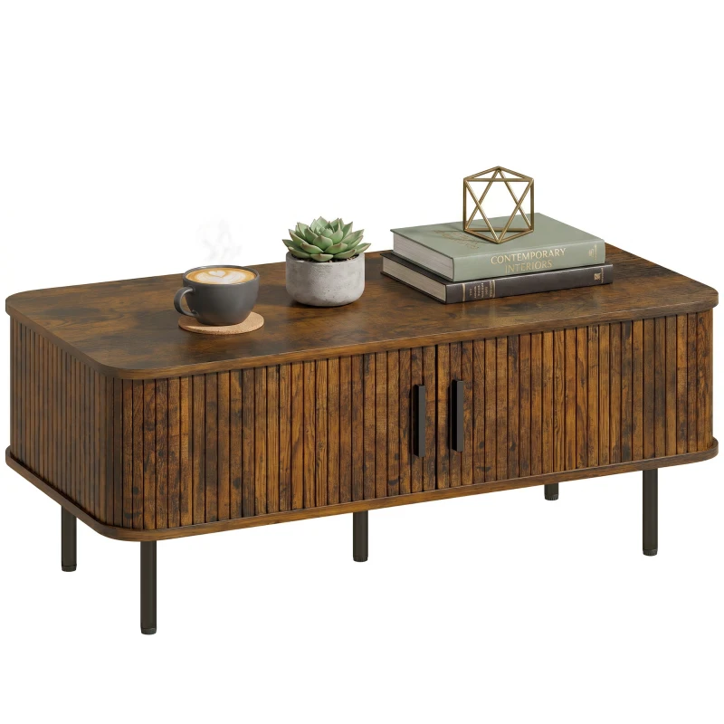 HOMCOM Coffee Table with Storage, Living Room Table with Slatted Tambour Sliding Doors and Adjustable Foot Pads, Rectangular Coffee Table with Elevated Base for Living Room, Rustic Brown