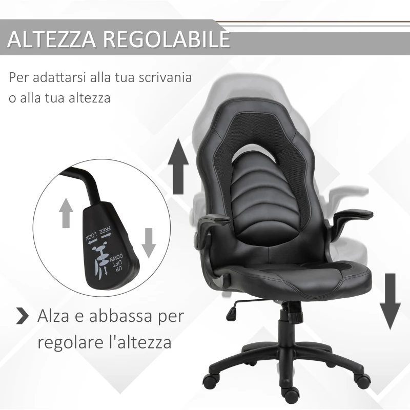 Vinsetto Poltrona Gaming o da Ufficio in Similpelle Nera, Braccioli Pieghevoli Schienale e Altezza Regolabile 117-127Acm
