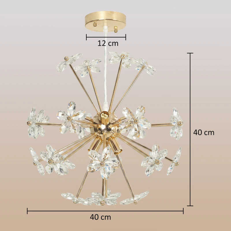 HOMCOM Crystal Chandeliers Ceiling Light with Flower, Modern Pendant Light with Adjustable Height, Ceiling Plate, Clear