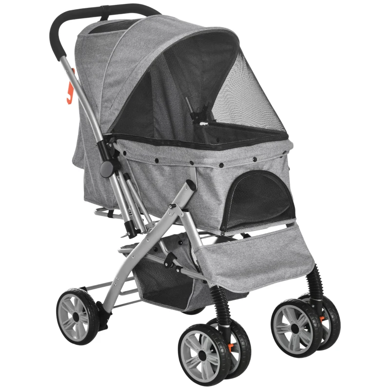 PawHut Poussette buggy pliable chien chat panier et sac de rangement attaches sécurité housse réglable acier Oxford gris chiné noir