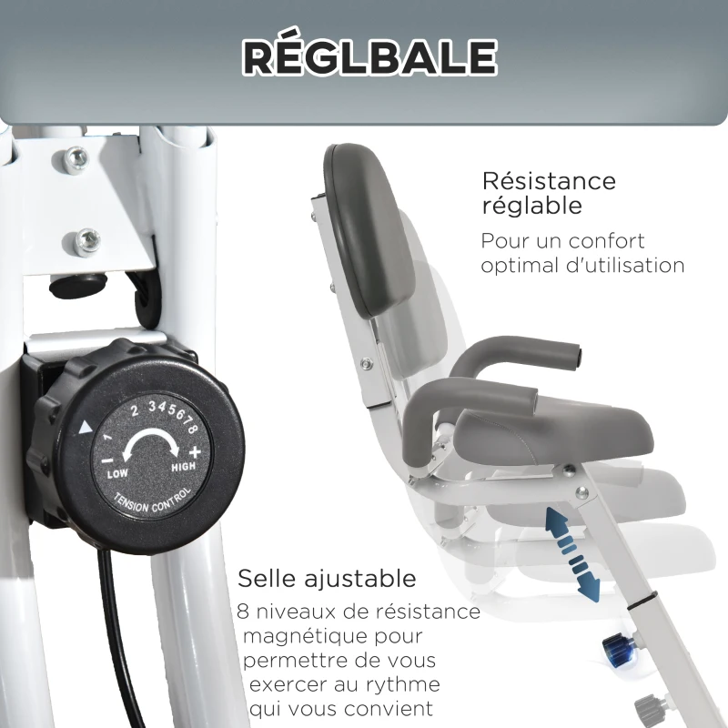 HOMCOM Vélo d'appartement magnetique pliable vélo de fitness vélo d'intérieurgrand confort dossier selle réglable poignées écran LCD multifonction support tablette acier blanc gris