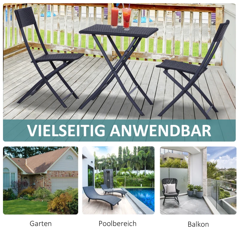 Outsunny Polyrattan Bistroset für 2 Personen Sitzgruppe Rattan Gartenmöbel Set Garnitur Schwarz