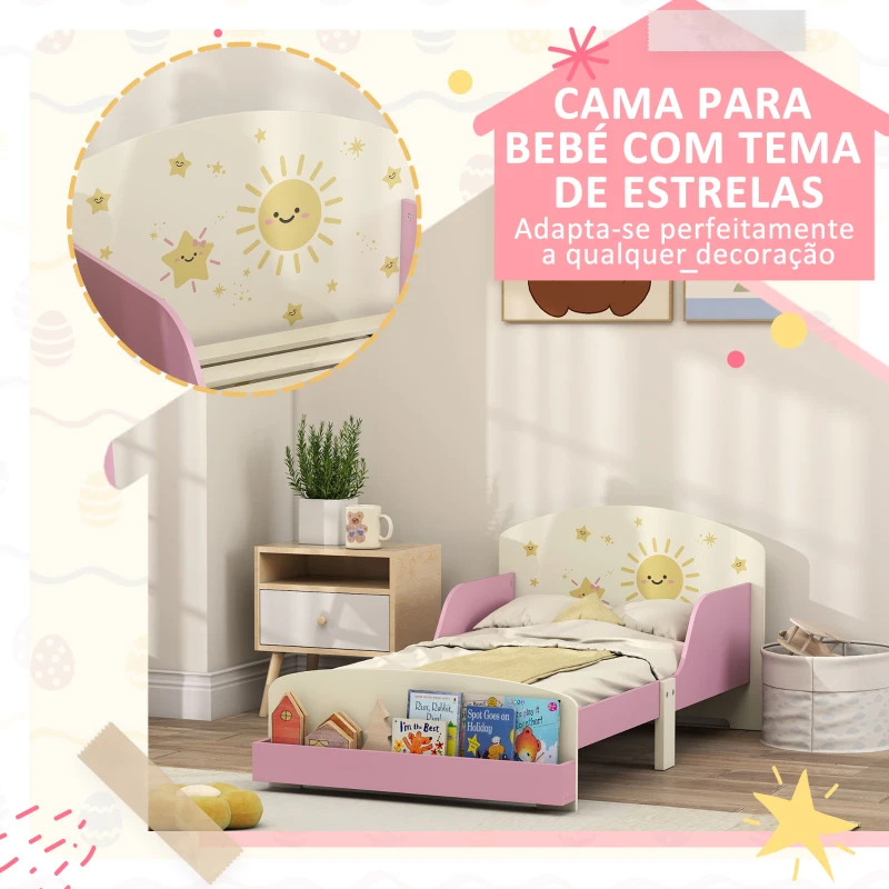 AIYAPLAY Cama Infantil para Crianças +3 Anos 70x140 cm em Madeira com Armazenamento e Desenhos de Estrelas para Dormitório Rosa