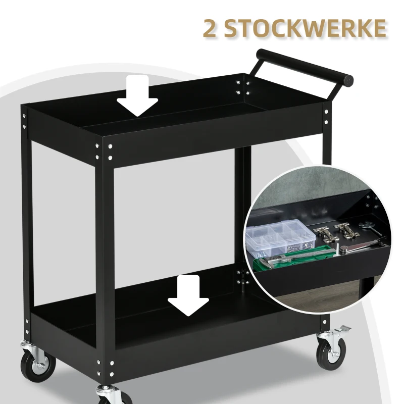 DURHAND Gereedschapswagen, 2 niveaus, wagen, 4 wielen, staal, tot 150 kg, 84,5 x 38 x 84 cm, Zwart(m-4)