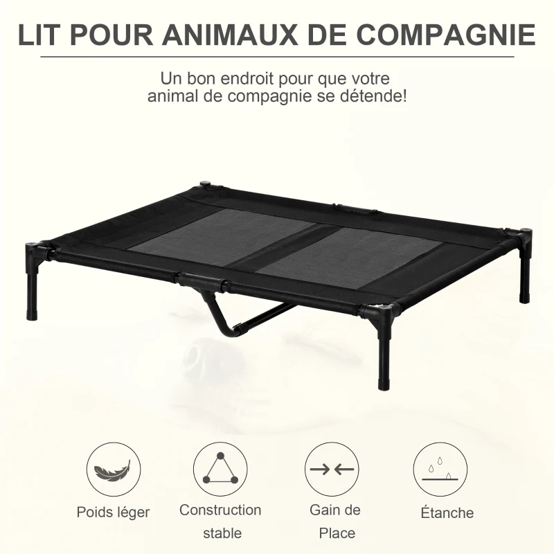PawHut Lit sur pieds lit pour chien chat lit de camp lit surélevé animaux grand confort tissu Oxford textilène micro-perforé métal 92L x 76l x 18H cm noir
