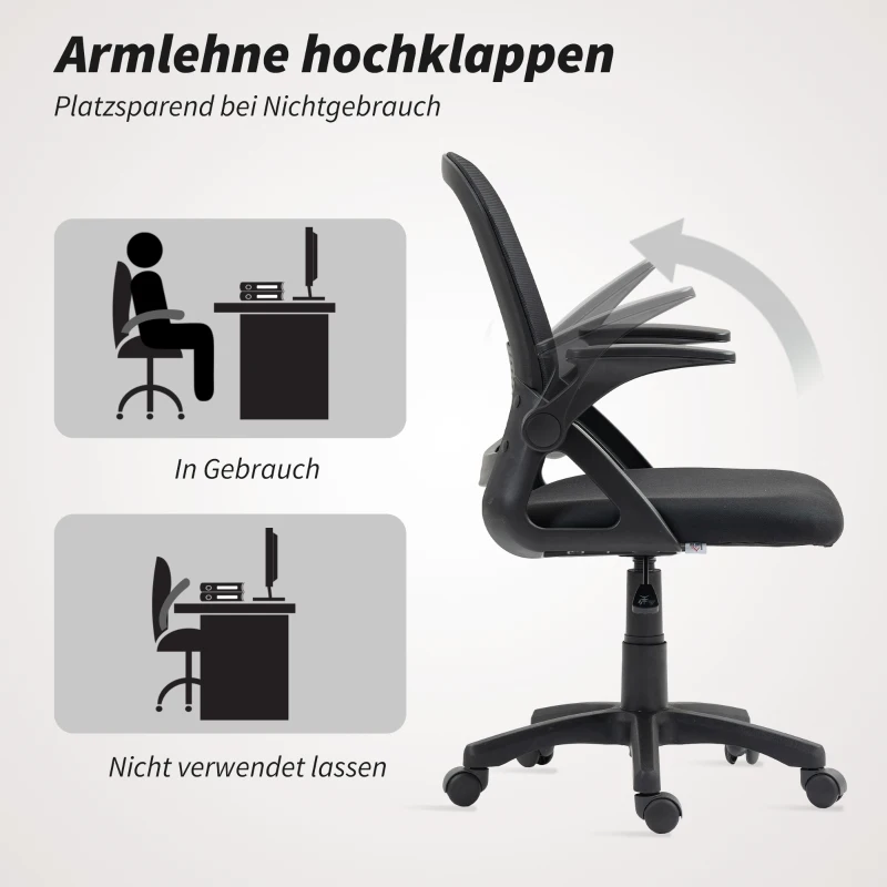 HOMCOM Ademende Mesh-bureaustoel, Ergonomische draaistoel met opklapbare armleuningen en lendensteun, Zwart