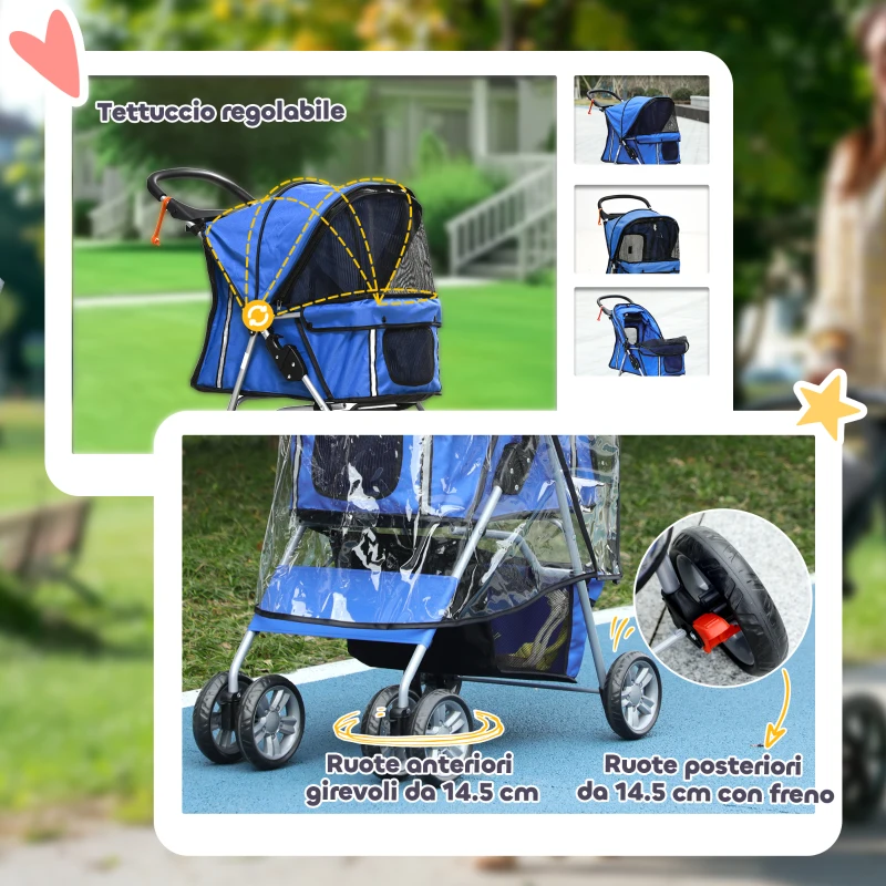PawHut Passeggino per Cani Piccoli Pieghevole con Copertura Antipioggia, Ruote Girevoli e con Freni, Blu