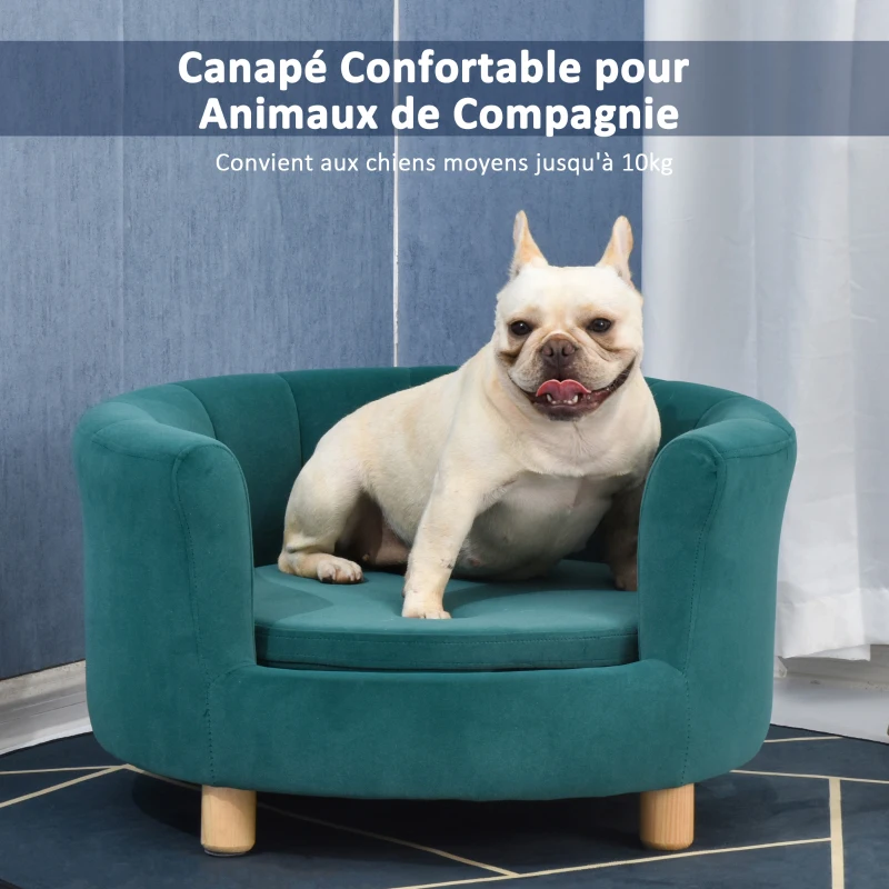 PawHut Canapé chien lit pour chien chat avec accoudoirs coussin moelleux pieds bois massif dim. 65 x 64 x 37 cm velours bleu canard