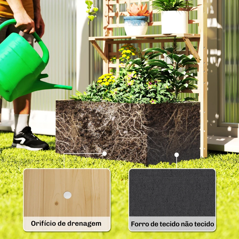 Outsunny Jardineira com Treliça e Teto em Madeira para Plantas Trepadeiras com 2 Prateleiras Drenagem e Forro 76x43,5x177 cm Natural