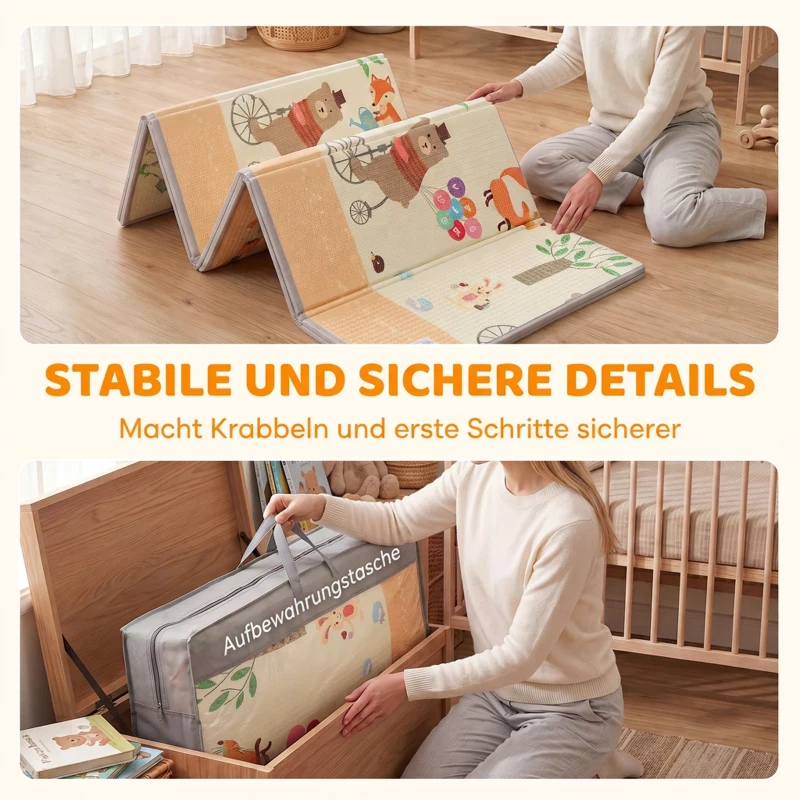 AIYAPLAY Krabbelmatte Faltbar Beidseitig Spielmatte Baby mit Waldtieren- & Naturmotiv 200 x 180 cm für Kinder 0-3 Jahre