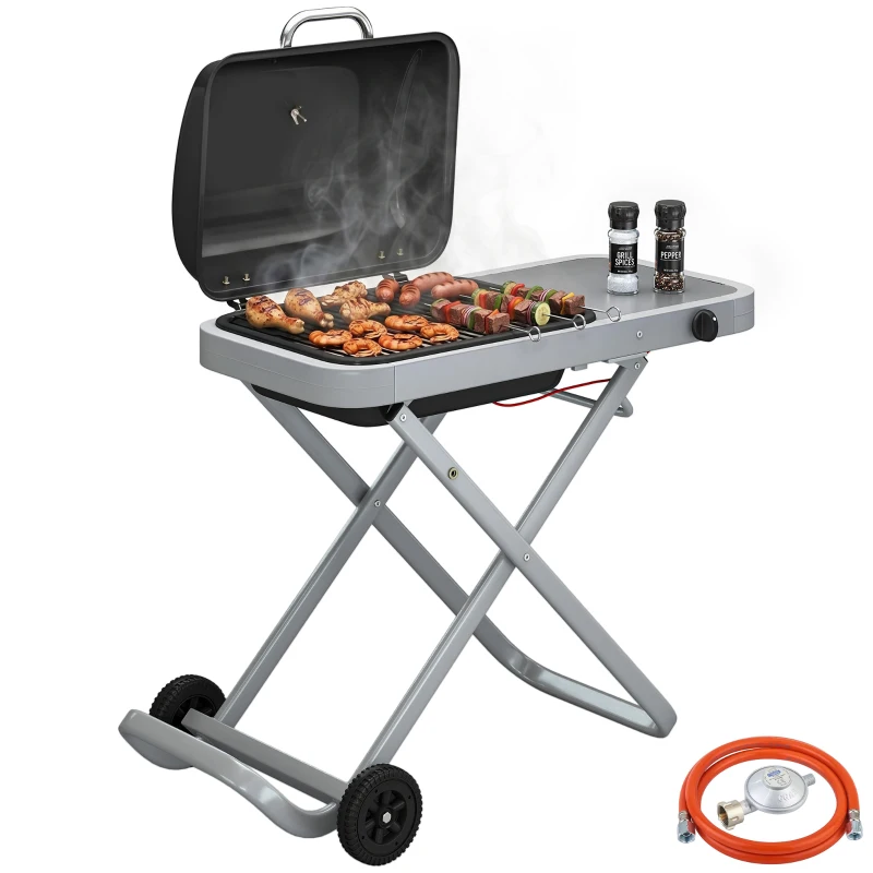Outsunny Tragbarer Gasgrill 1-Brenner 2,5kW Grillwagen mit Faltbarem Rollwagen Grillrost Seitentisch Deckel Thermometer
