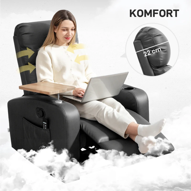 HOMCOM Massagesessel Relaxsessel Liegesessel, 1 Klapptisch, 1 Fußstütze; 77 cm x 93 cm x 105 cm, Schwarz(m-7)