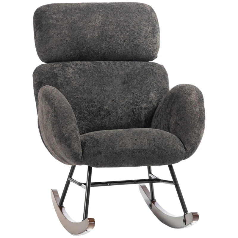 HOMCOM Upholstered Rocking Chair Adjustable Headrest Rocker Chair Raindrop Velvet Rubberwood Base Dark Grey