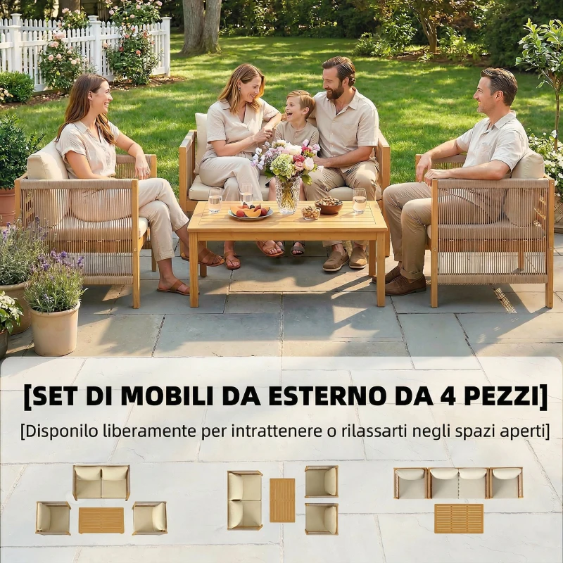 Outsunny Salotto da Giardino 4pz con Divanetto 2 Posti, 2 Poltrone e Tavolino a Doghe in Legno di Acacia Beige