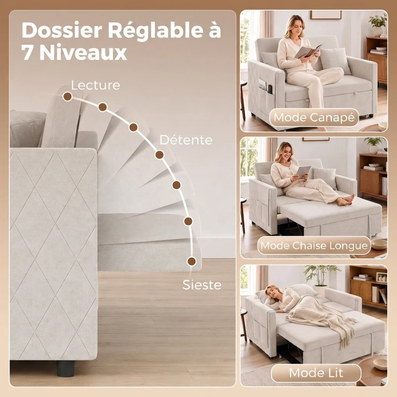 HOMCOM Canapé Convertible 2 Places 3 en 1, Canapé-Lit Clic Clac en Velours Hollandais, Dossier Réglable, 2 Oreillers, Beige