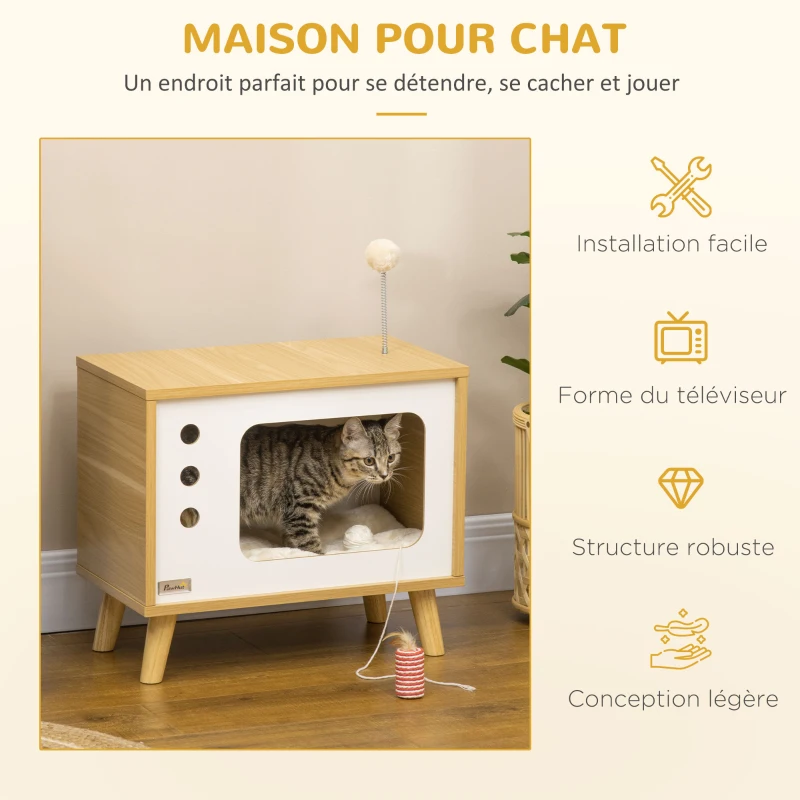 PawHut Maison niche pour chat forme de tv avec coussin douillet et balle rebondissante - 50 x 28 x 43 cm