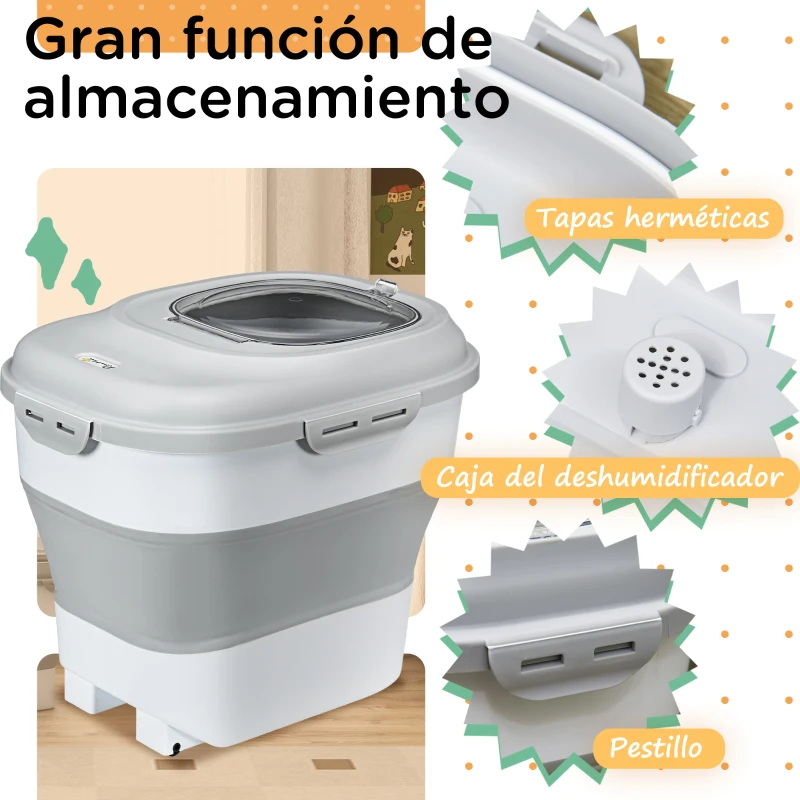 PawHut Contenedor de Comida para Perros 25L con Ruedas Taza Medidora Cuenco Plegable y Cuchara Gris