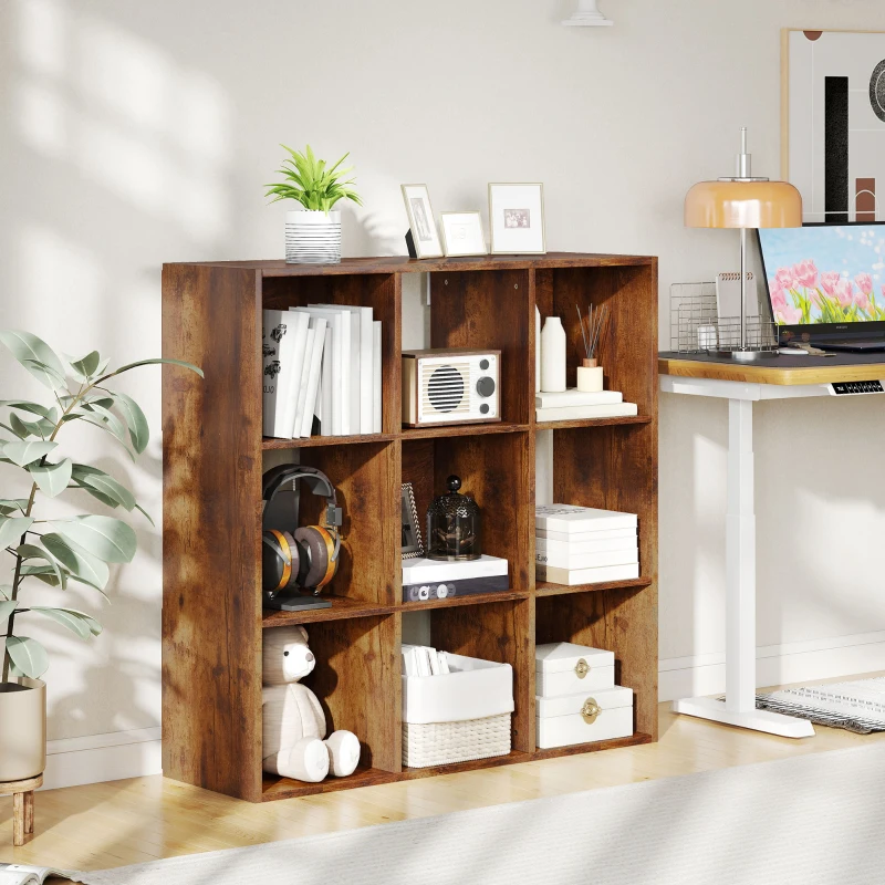 HOMCOM 3-tier 9 Cubes Storage Unit Particle Board Cupboard Bookcase Organiser Home Office Shelves, Rustic Brown