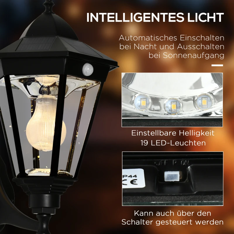 Outsunny Wandleuchte Wandlampe Terrassenleuchte Gartenlampe mit Lichtsteuerung Solarbetrieben Pavillon Zelt Outdoor Gartenbeleuchtung Schwarz 23 x 26 x 47 cm