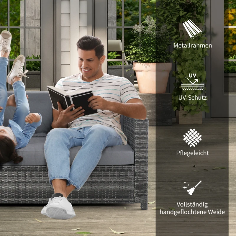 Outsunny Poly-rotan bank met kussens 3-zits loungebank tuin metaal polyester grijs