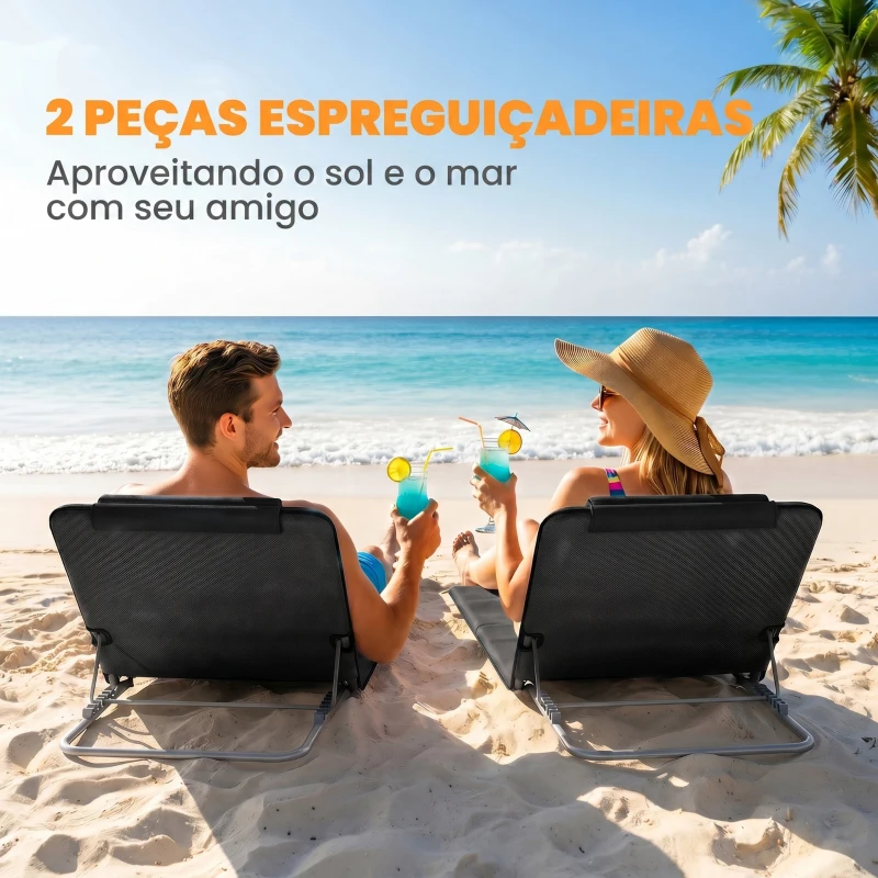 Outsunny Conjunto de 2 Esteiras de Praia com Encosto Reclinável em 5 Níveis Bolsa de Transporte e Apoio de Cabeça 48x134x33-43 cm Preto