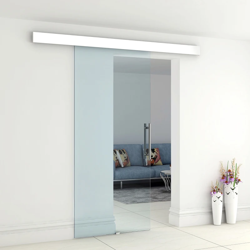 HOMCOM Porta Scorrevole in Vetro Trasparente con Binario e Maniglia in Alluminio per Bagno Cucina Studio 210x75x0.8cm