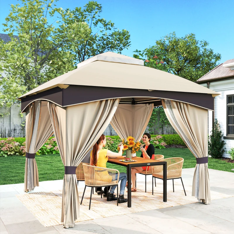Outsunny Gazebo da Giardino 3x3m in Acciaio con Doppio Tettuccio e Tende, Beige e Grigio