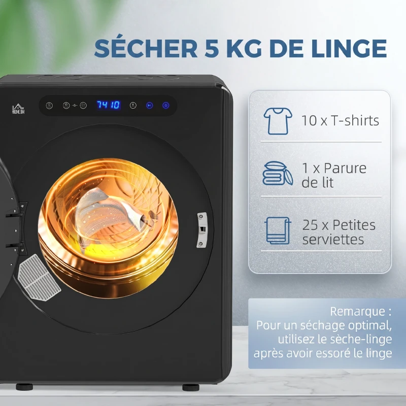 HOMCOM Sèche linge à évacuation, sèche-linge électrique 1000 W 3 Kg, modes Extra Dry et ECO, minuterie, acier inoxydable, noir