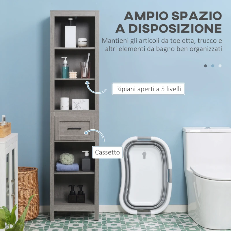 kleankin Colonna Bagno in Truciolato con 5 Ripiani Aperti e un Cassetto, 42x30x170 cm, Grigio