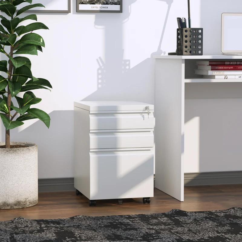 HOMCOM Rollcontainer mit 3 Schubladen mobiler Aktenschrank mit Rollen abschließbar Büroschrank mit konkavem Griff, Schubladenschrank für Büro, Homeoffice, 39 x 48 x 60 cm, Weiß