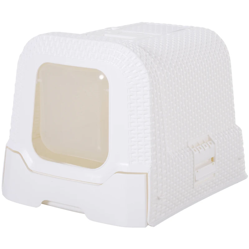 PawHut Maison de toilette pour chat tiroir à litière coulissant porte battante filtre odeur + pelle fournis 54L x 42l x 41H cm blanc