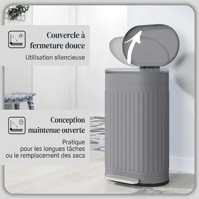 HOMCOM Poubelle de cuisine poubelle à pédale 30L couvercle à fermeture douce seau intérieur amovible 36,5 x 31,2 x 60,8 cm gris