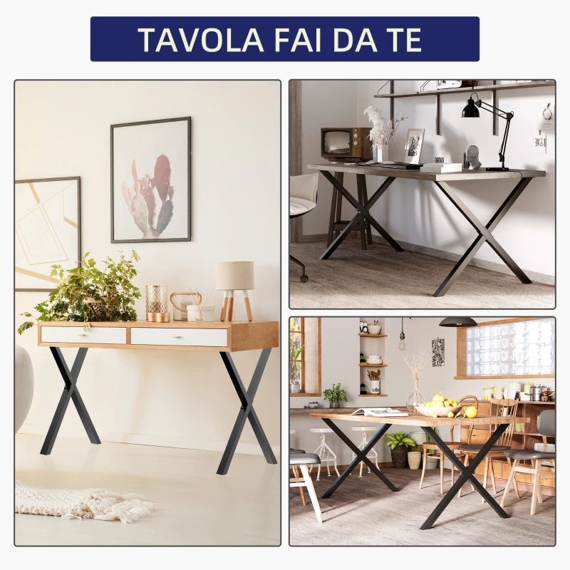 HOMCOM Set 2 Pezzi Gambe per Tavolo in Acciaio a X, Piedi per Tavolo con 16 Viti Incluse, Gambe Preforate con 4 Fori, 40x2.5x43cm, Nero