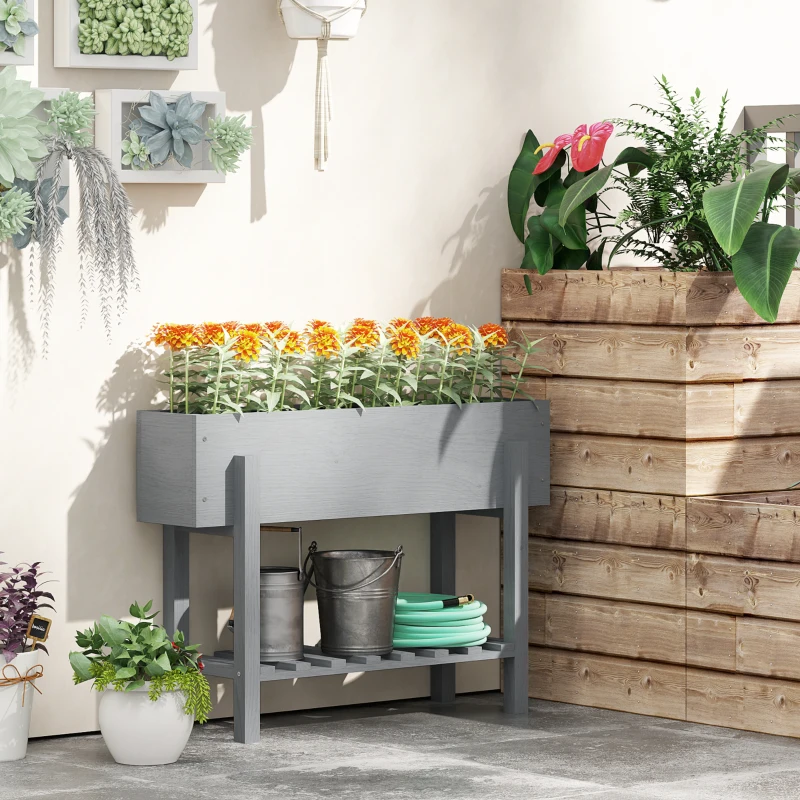 Outsunny Fioriera Rialzata con Ripiano Inferiore e 2 Fori di Drenaggio, in Legno di Abete, 100x30x70.5 cm, Grigio