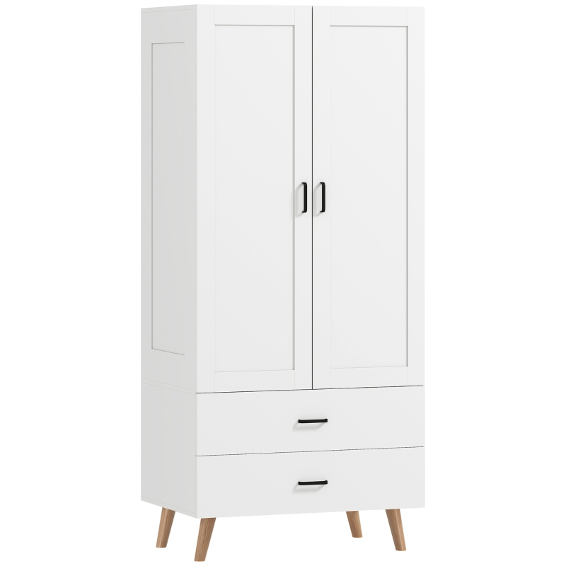 HOMCOM 2-Door Wardrobe, Modern Wardrobe with 2 Drawers and Hanging Rail for Bedroom, White