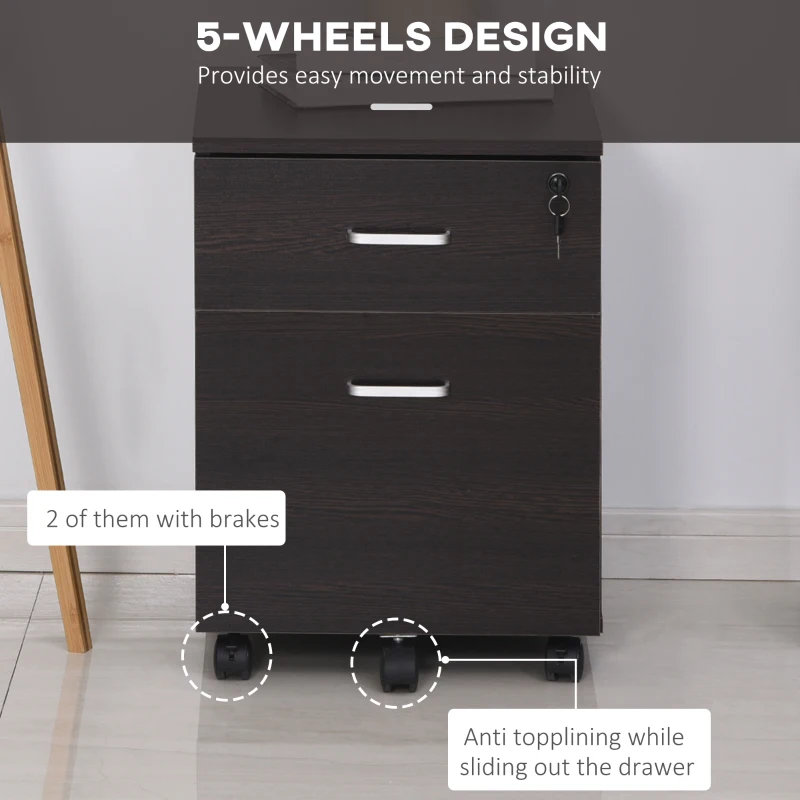 Vinsetto 2-Drawer Locking Office Filing Cabinet w/ 5 Wheels Rolling Storage Hanging A4 Cupboard Home Organisation Black Wood Grain